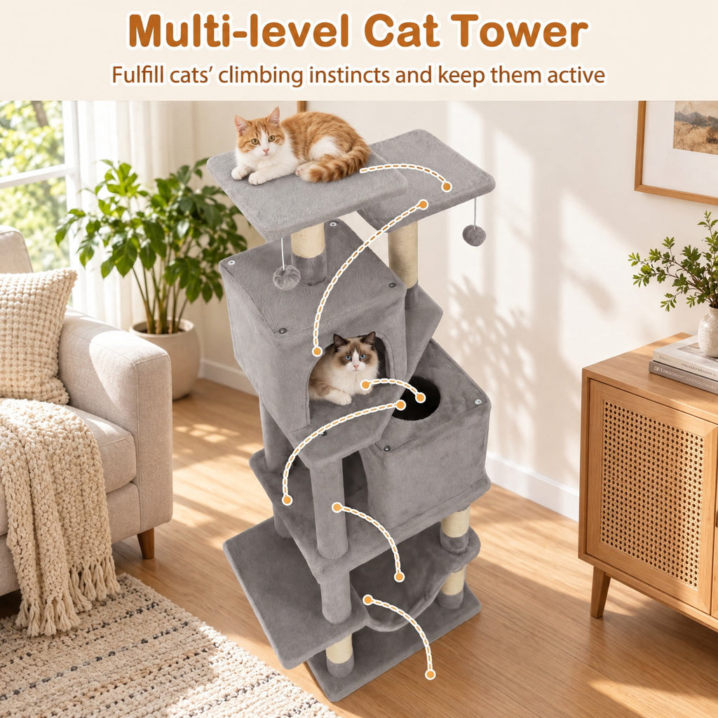 Airfind 57 Inch Cat Tree with Dual Condos and Hammock and 2 Dangling Balls, 29 x 16 Footprint, Light Gray