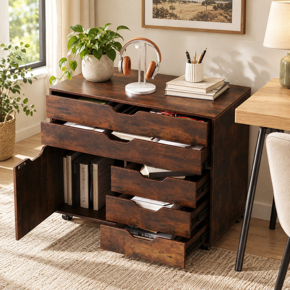 Airfind Modern Vertical 5-Drawer Mobile Chest with Door 5 Casters, 220 lbs Capacity, Engineered Wood MDF Metal Frame, 30.5in x 16in x 25in Footprint