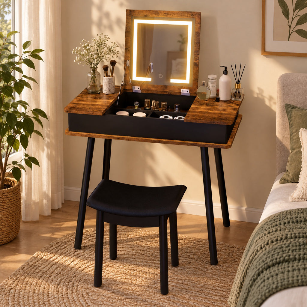 Airfind Vanity Table Set with Flip Top Mirror Lights USB Writing Desk and Stool, 99 Lbs Capacity, MDF Pine Wood Glass Sponge PU Leather, Brown
