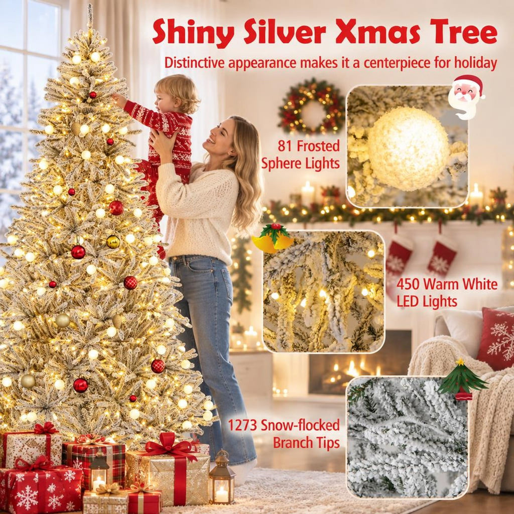 Airfind 8 Feet Snow-flocked Artificial Christmas Tree Pre-lit Hinged with 81 Sphere Lights and Remote, Green White