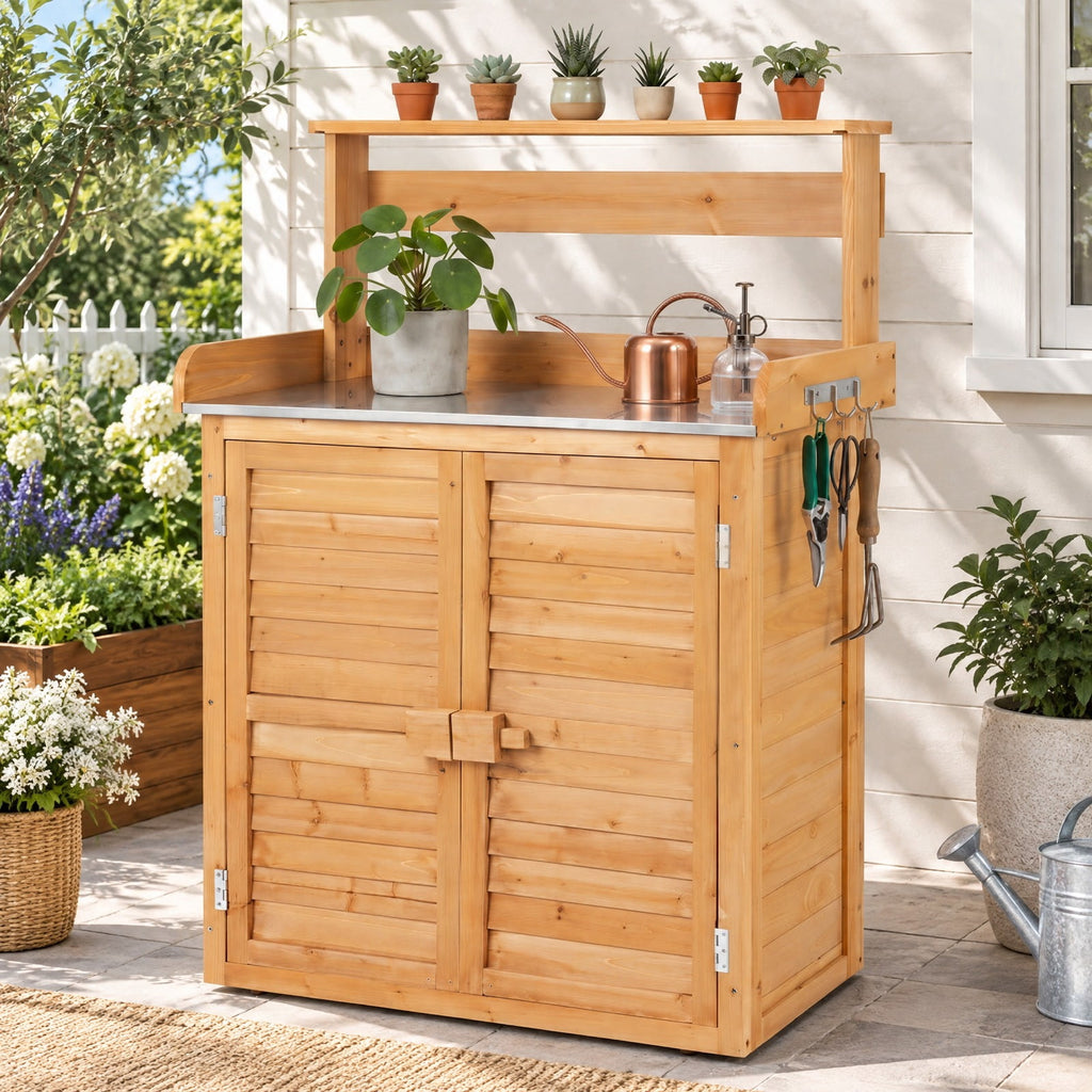 Airfind Wood Plant Workstation with Stainless Steel Tabletop and Removable Shelves, 110 lbs Storage Shelf Capacity, Fir Wood Stainless Steel Frame