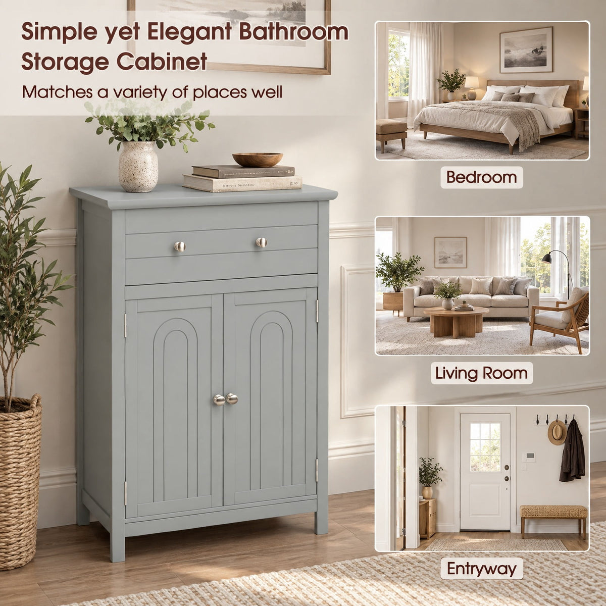 Airfind Wooden Bathroom Floor Cabinet with Drawer and Adjustable Shelf, 110 lbs Capacity, MDF Frame, 23.5in x 12in x 31.5in Footprint, Grey