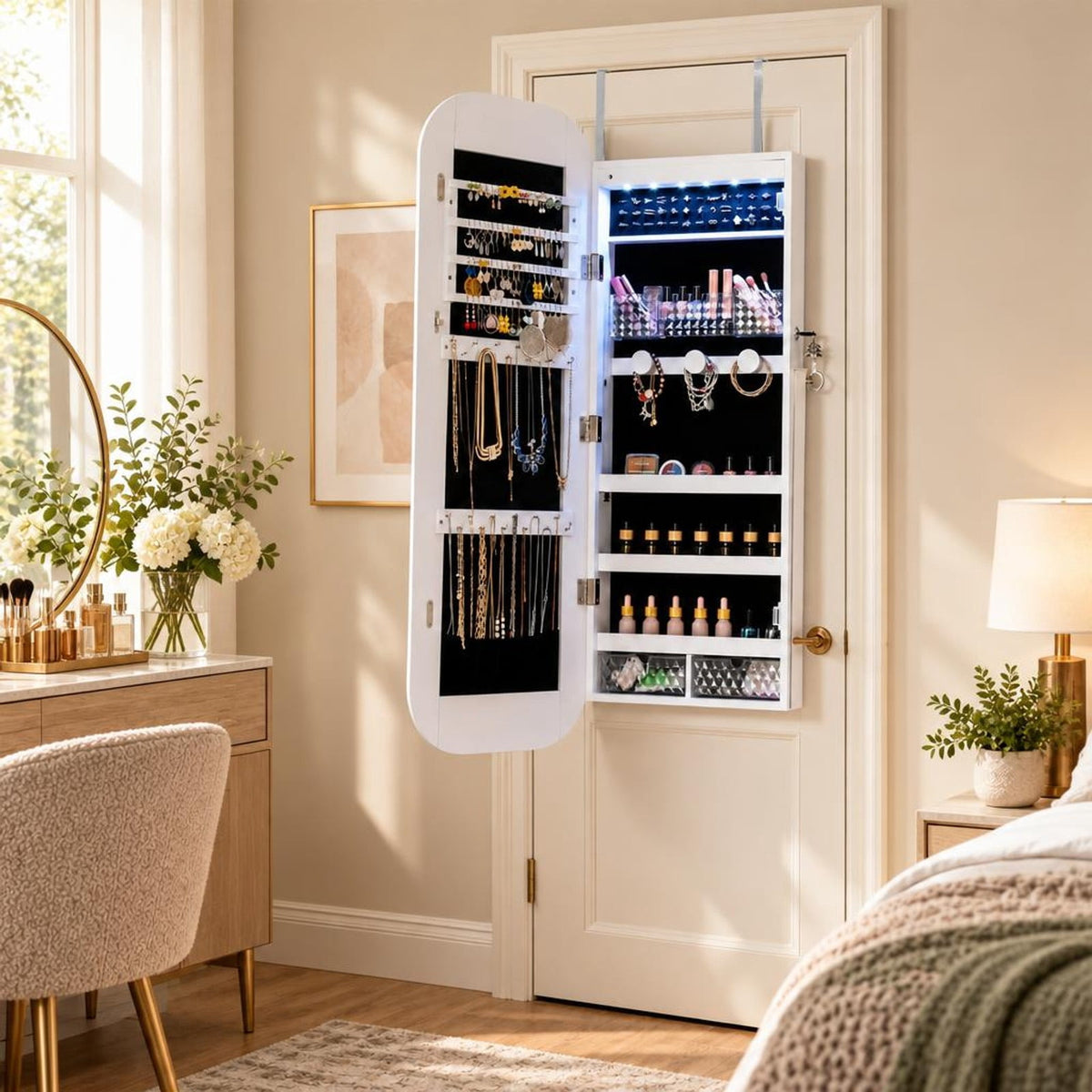 Airfind Jewelry Cabinet with Full-Length Mirror Large Storage Capacity, Engineered Wood Frame, 16.5 x 14.5 x 59 Footprint, White