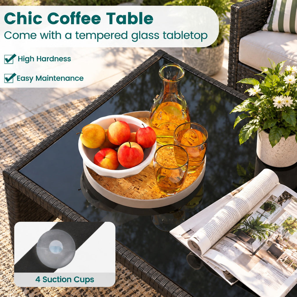 Airfind 4 Pieces Patio Furniture Set with Tempered Glass Tabletop and Removable Cushion, 400 lbs Capacity, Rattan Steel Sponge Frame, White