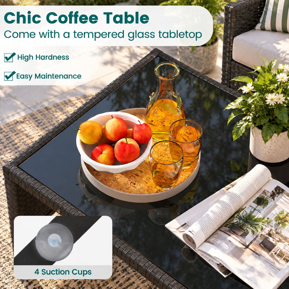 Airfind 4 Pieces Patio Furniture Set with Tempered Glass Tabletop and Removable Cushion, 400 lbs Capacity, Rattan Steel Sponge Frame, White