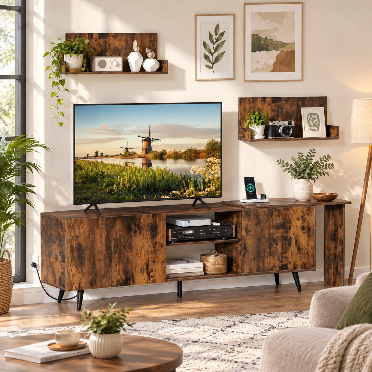 Airfind TV Stand for TVs up to 85 Inch with 2 Wall Shelves and Charging Station, 420 lbs Capacity, Engineered Wood Frame, Brown