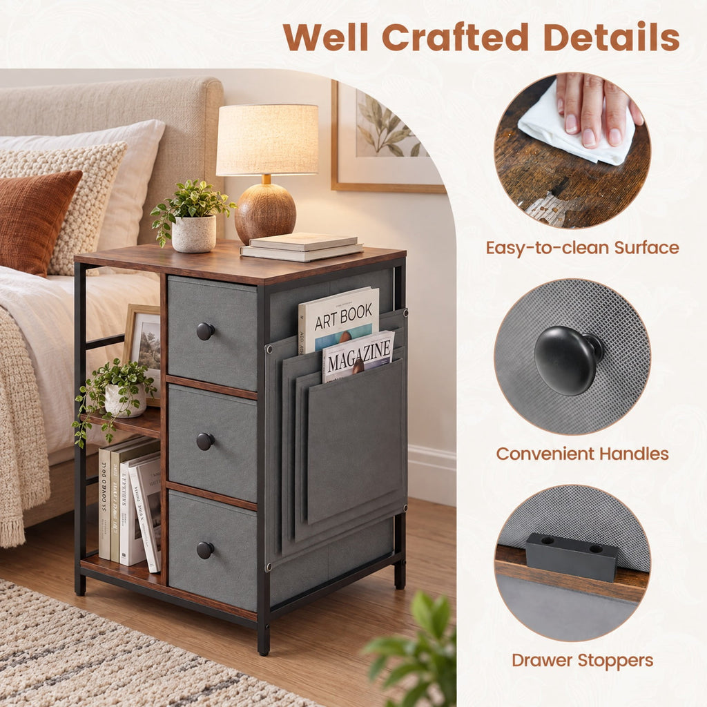 Airfind Side Table with Charging Station Industrial Nightstand with Open Shelves, 18 x 16 x 25Inner Footprint, Brown