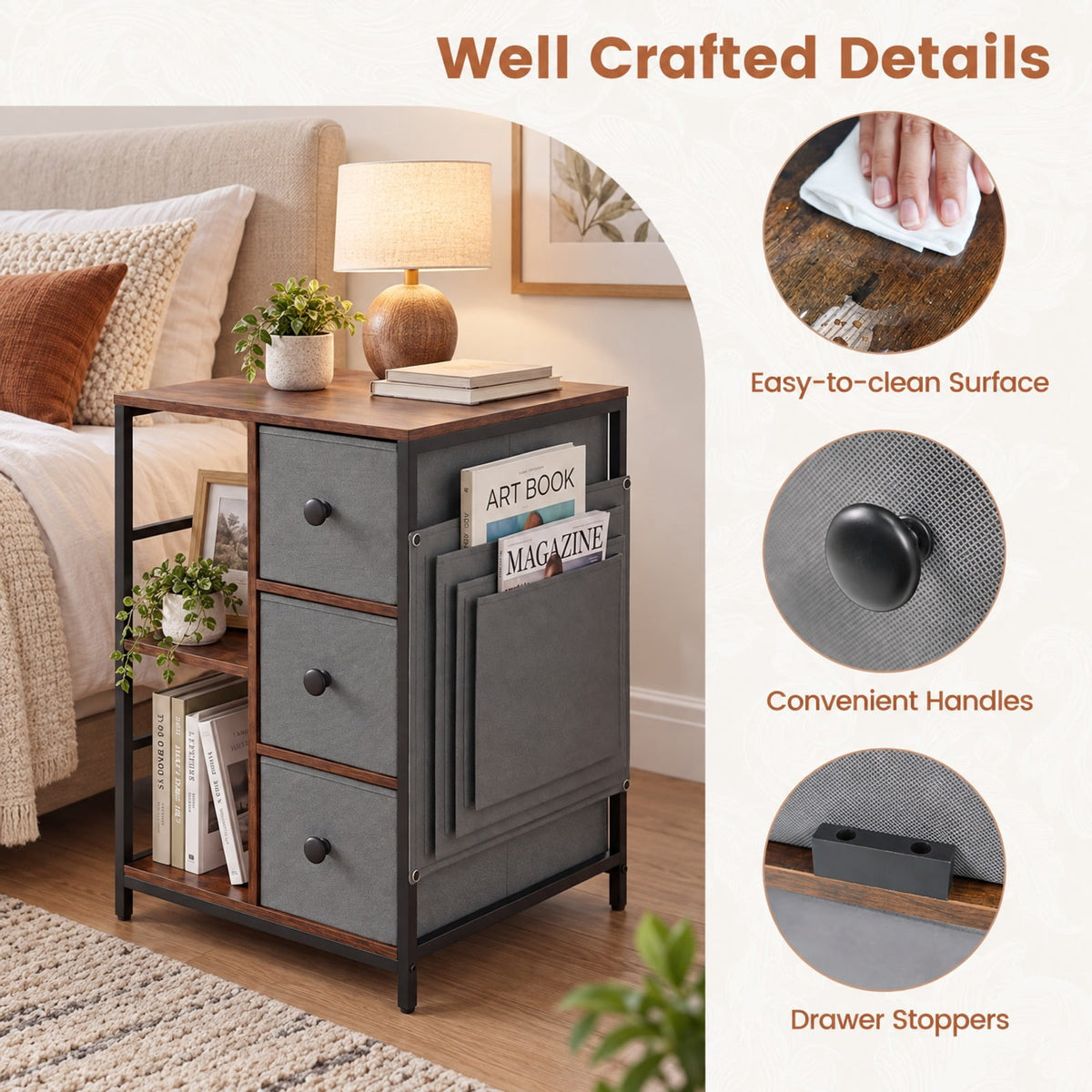Airfind Side Table with Charging Station Industrial Nightstand with Open Shelves, 18 x 16 x 25Inner Footprint, Brown