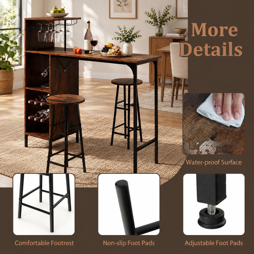 Airfind 3 Piece Bar Table and Chairs Set with 6-Bottle Wine Rack, MDF Metal, 48 Inch X 15.5 Inch X 48 Inch for Convenient Everyday Use, Brown