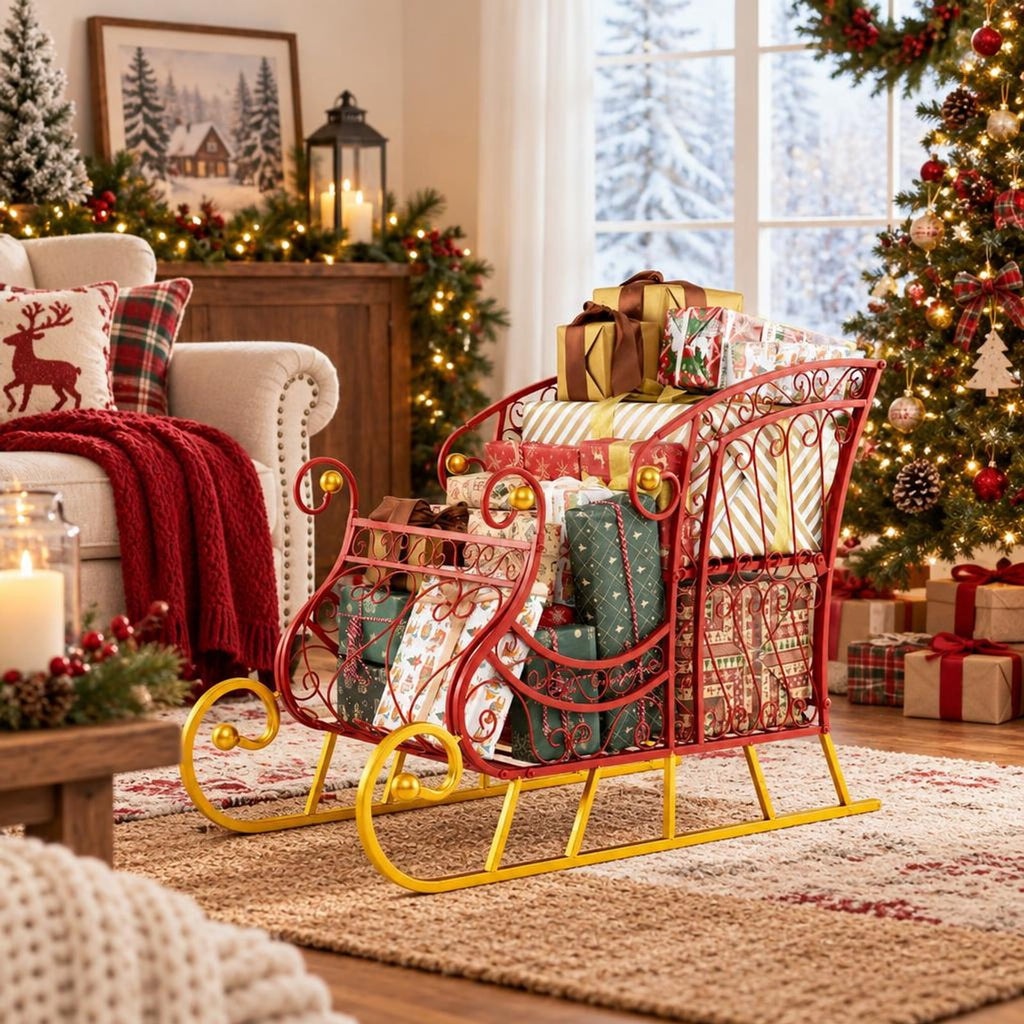 Airfind Metal Christmas Santa Sleigh Basket 2-Tier Xmas Santas Gift Storage Sleigh, 33 Lbs Capacity, Metal, 33.5 Inch X 16.5 Inch X 24.5 Inch, Red
