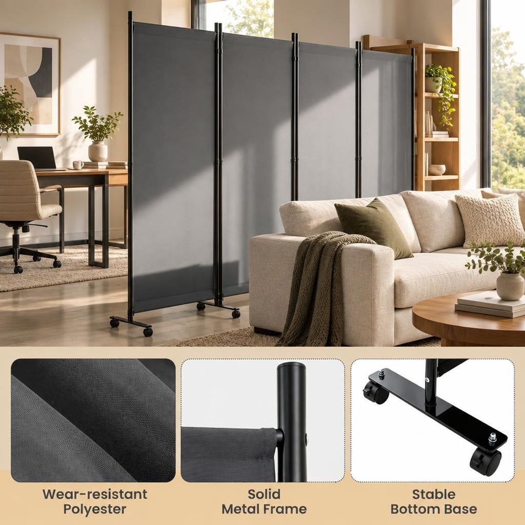 Airfind 4 Panel Folding Privacy Screen Room Divider with Wheels, Polyester Fabric Metal PP Frame, 137 x 12 x 71.5 Footprint, Grey