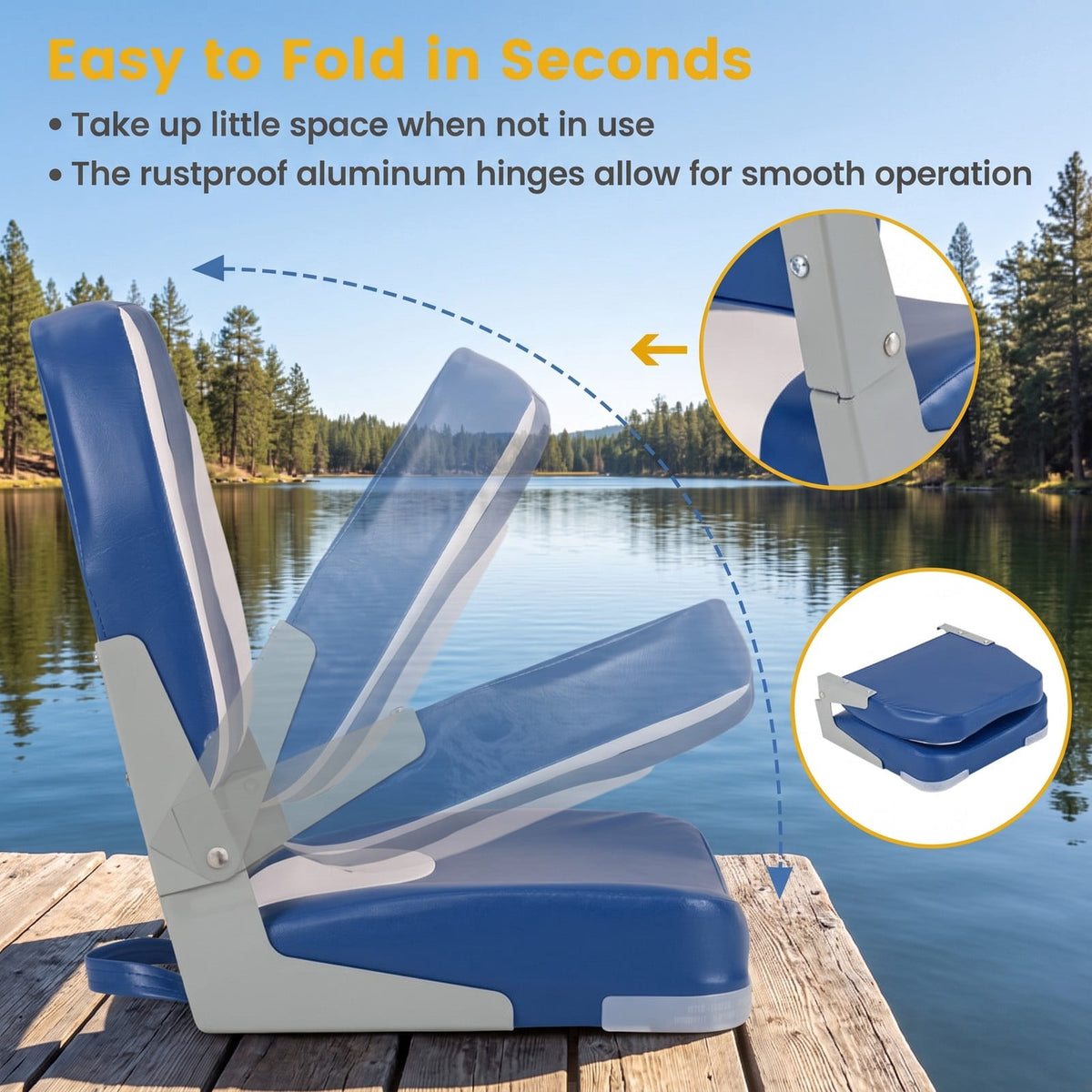 Airfind Folding Low Back Boat Seats 2 Pack with Thick Sponge Padding and Aluminum Hinges for Fishing and Cabin Boats, Blue and White
