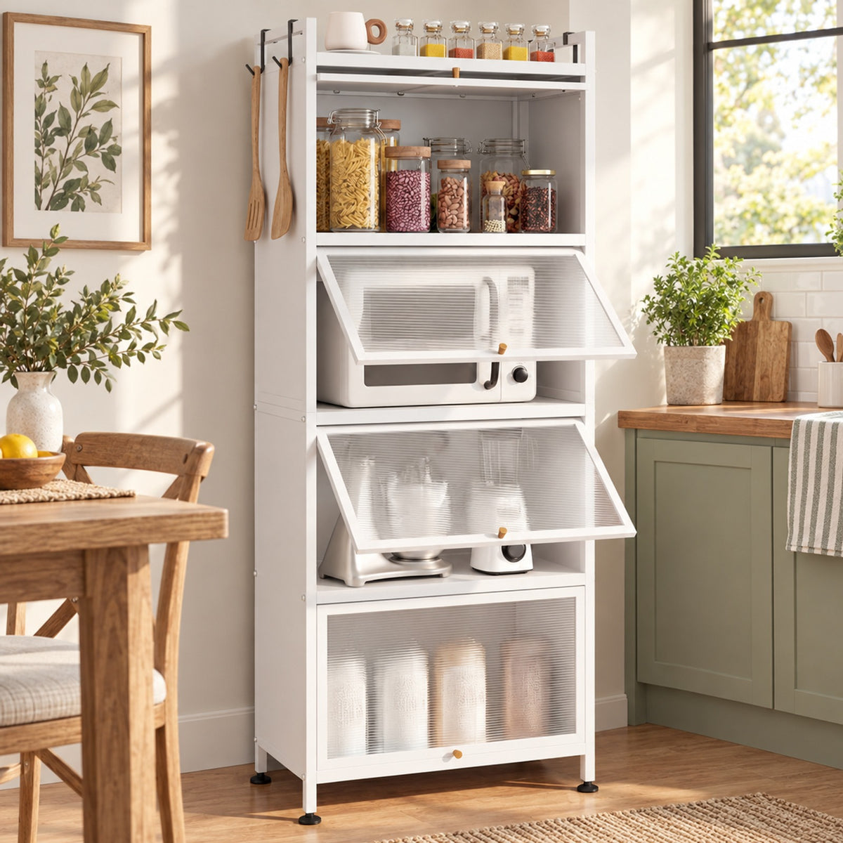Airfind 5-Tier Kitchen Bakers Rack with Flip-up PC Doors, tier 33 lbs Capacity, Metal PC PP Gray Frame, 23.5 x 12.5 x 60.5 Footprint, White