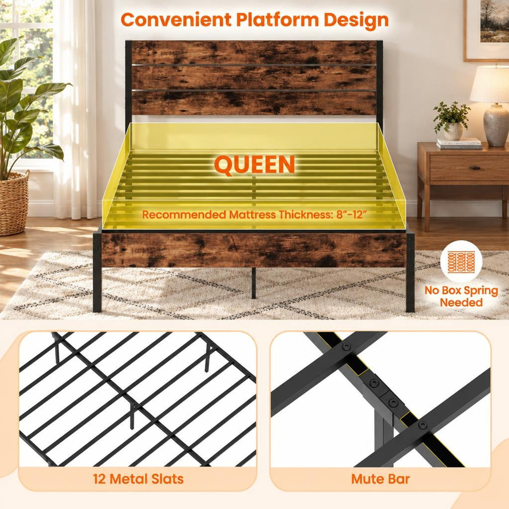 Airfind Queen Metal Bed Frame with Wood Headboard, 12 Slats, Under-Bed Storage, No Box Spring, Rustic Brown