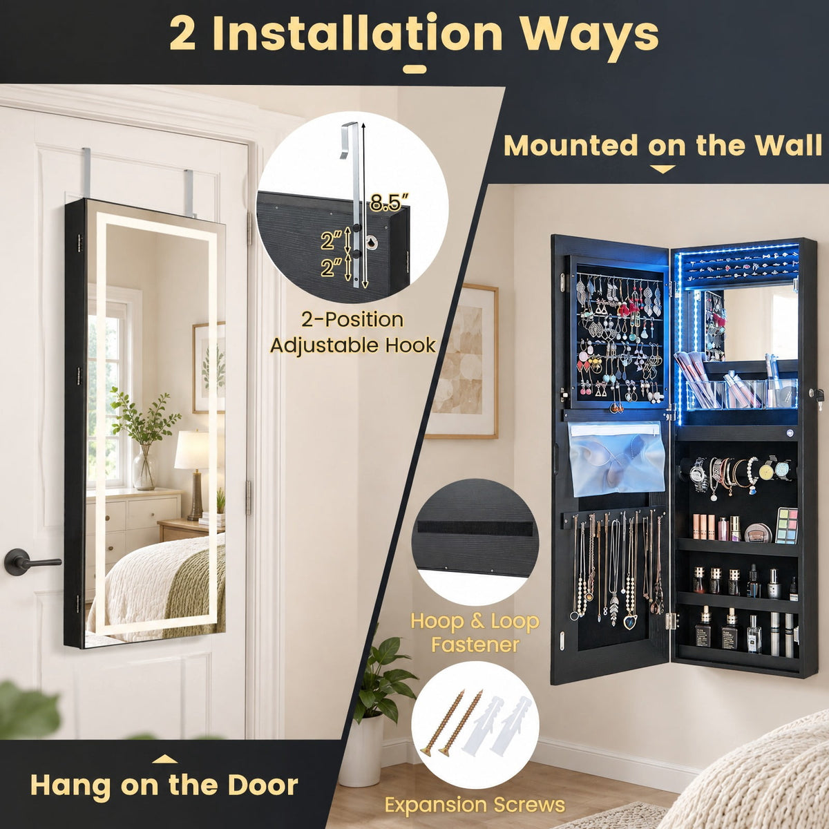 Airfind 42.5 Inches Lockable Jewelry Mirror Wall Cabinet with 3-Color LED Lights, MDF Frame, 15 x 4 x 42.5 Hook Footprint, Black
