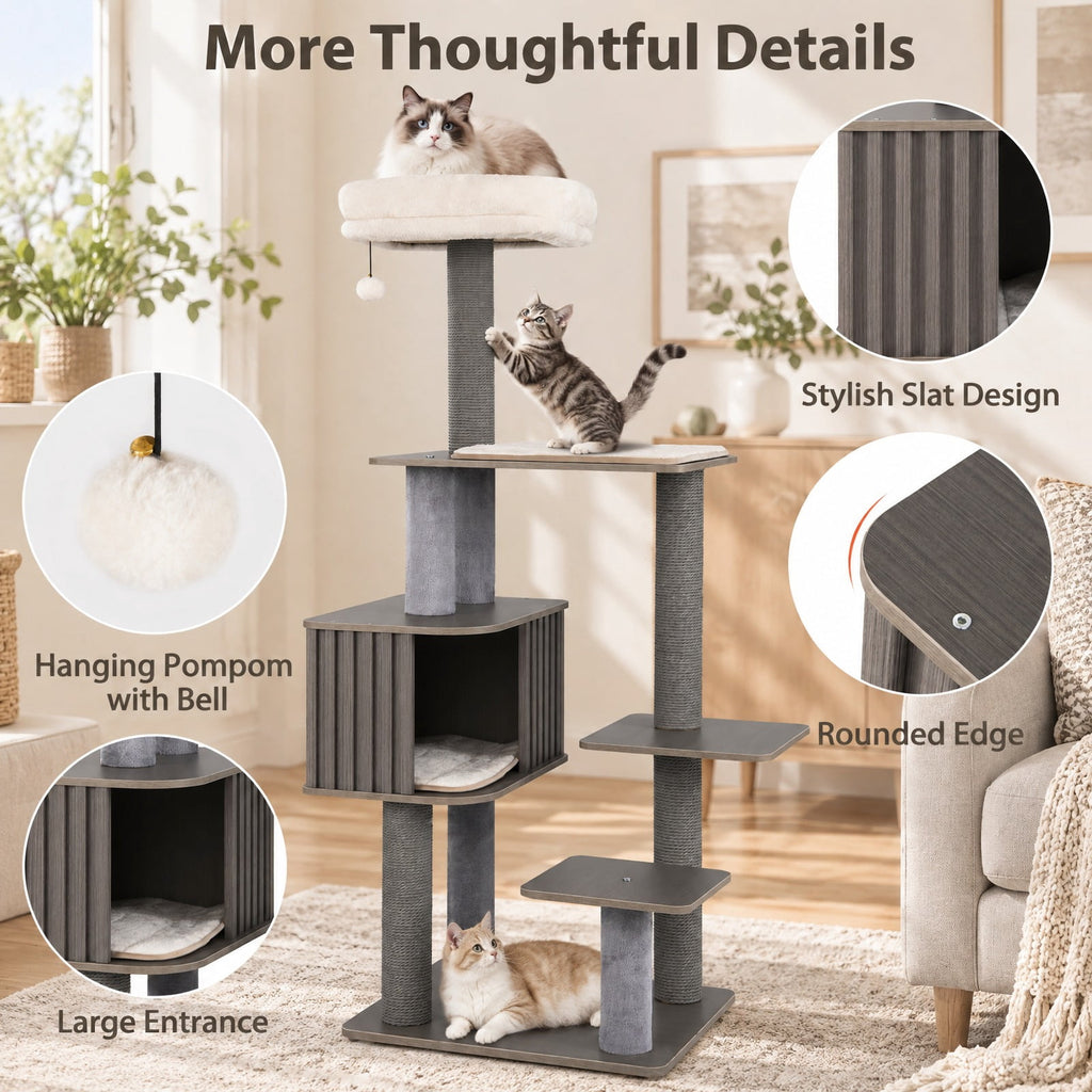 Airfind Multi-level Cat Tree for Indoor Cat 59.5 inch Tall Cat Tower with Cushion Top Perch, 23 Inch x 19 Inch Cat Condo Footprint, Gray