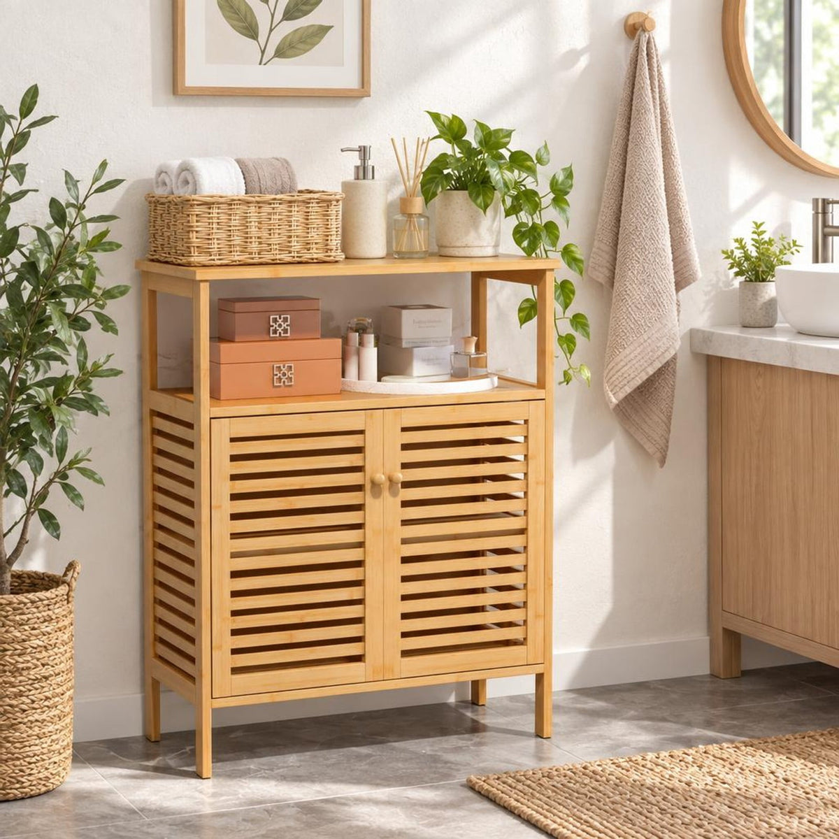 Airfind Bamboo Bathroom Floor Storage Cabinet with Shutter Doors, 145 lbs Capacity, Bamboo MDF Frame, Natural