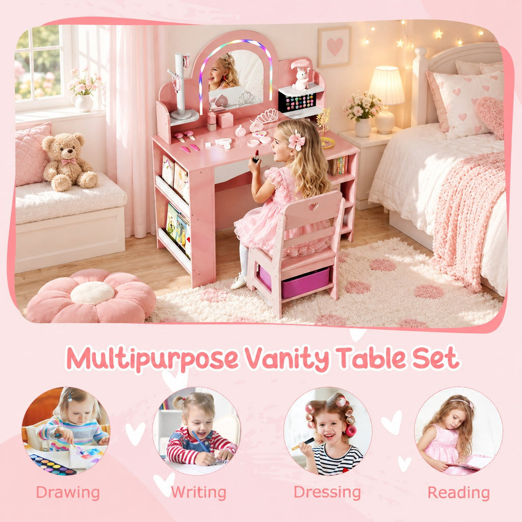 Airfind Kids Vanity Set with Colorful LED Lights Princess Makeup Dressing Table with Chair, 110 lbs Capacity, MDF Frame, 34in x 15.5in x 41in Footprint