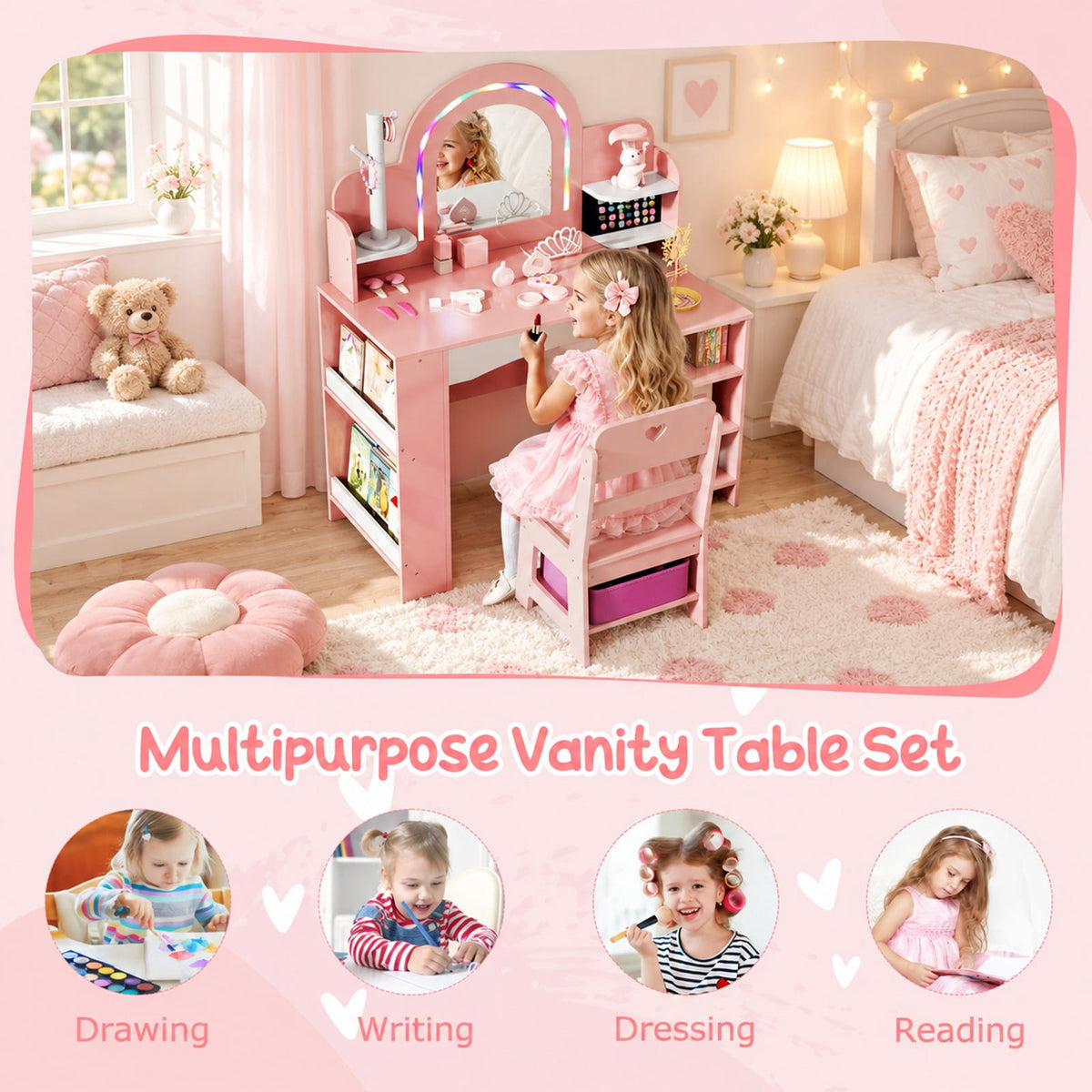 Airfind Kids Vanity Set with Colorful LED Lights Princess Makeup Dressing Table with Chair, 110 lbs Capacity, MDF Frame, 34in x 15.5in x 41in Footprint