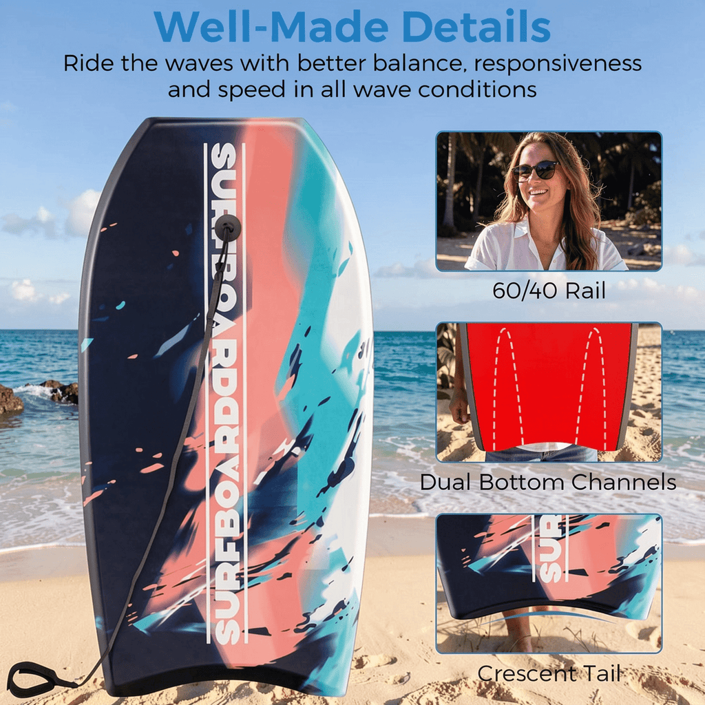 Airfind 37 Boogie Board with Sunset Splash Graphic Deck ¡ª EPS Core, XPE Top, HDPE Slick Bottom, Crescent Tail, Coiled Wrist Leash