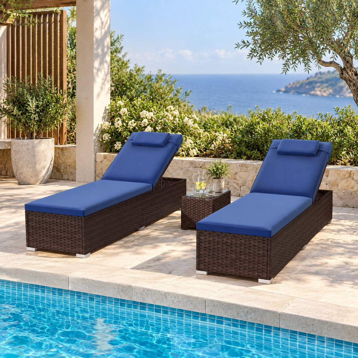 Airfind Outdoor PE RattanChaise Lounge with 6-level Backrest, 400 lbs Capacity, PE Rattan Metal Polyester Sponge Frame, Navy