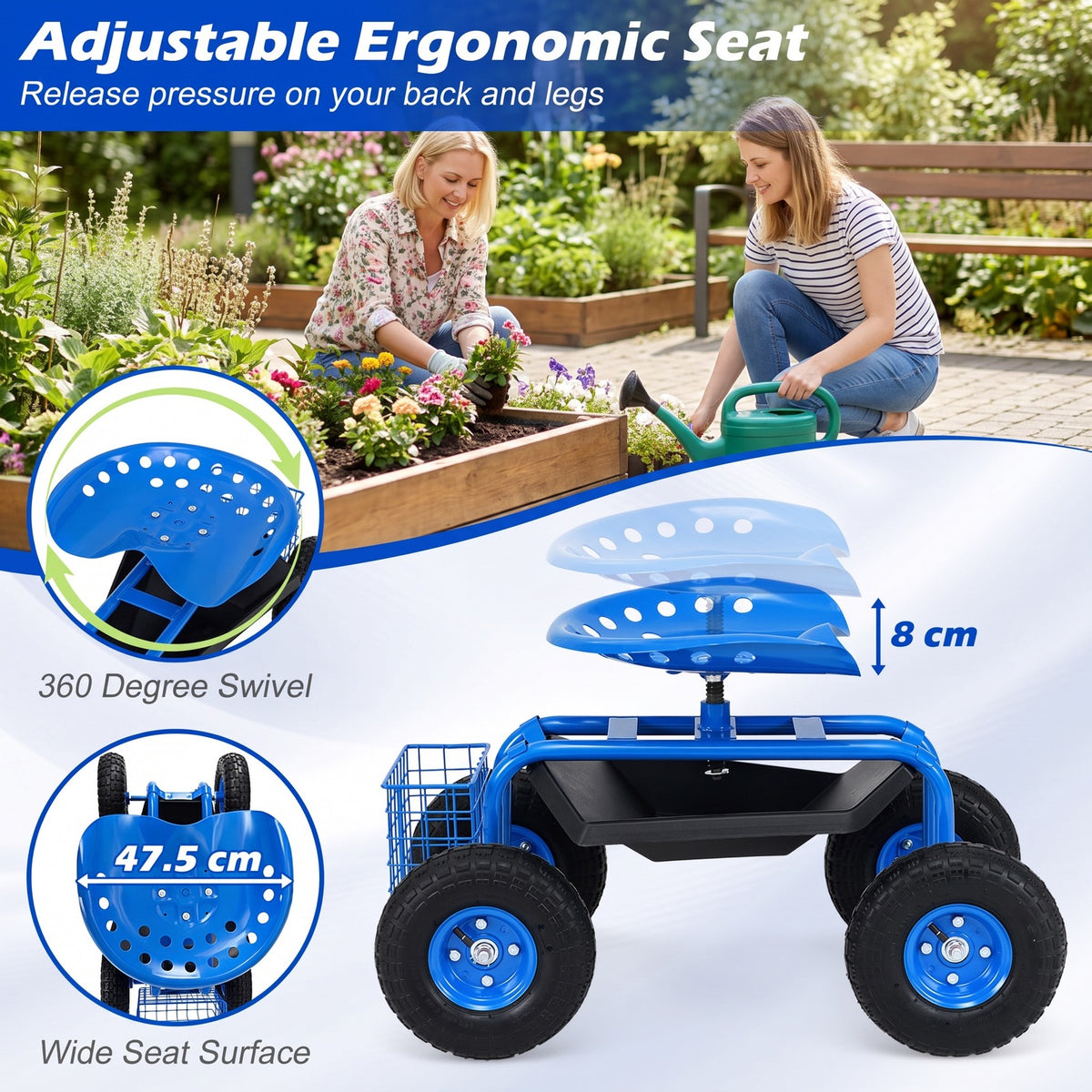 Airfind Garden Cart with Heavy Duty Tool Tray, 33 x 16 x 22 Footprint, Blue, Height adjustable and 360 degrees of rotation