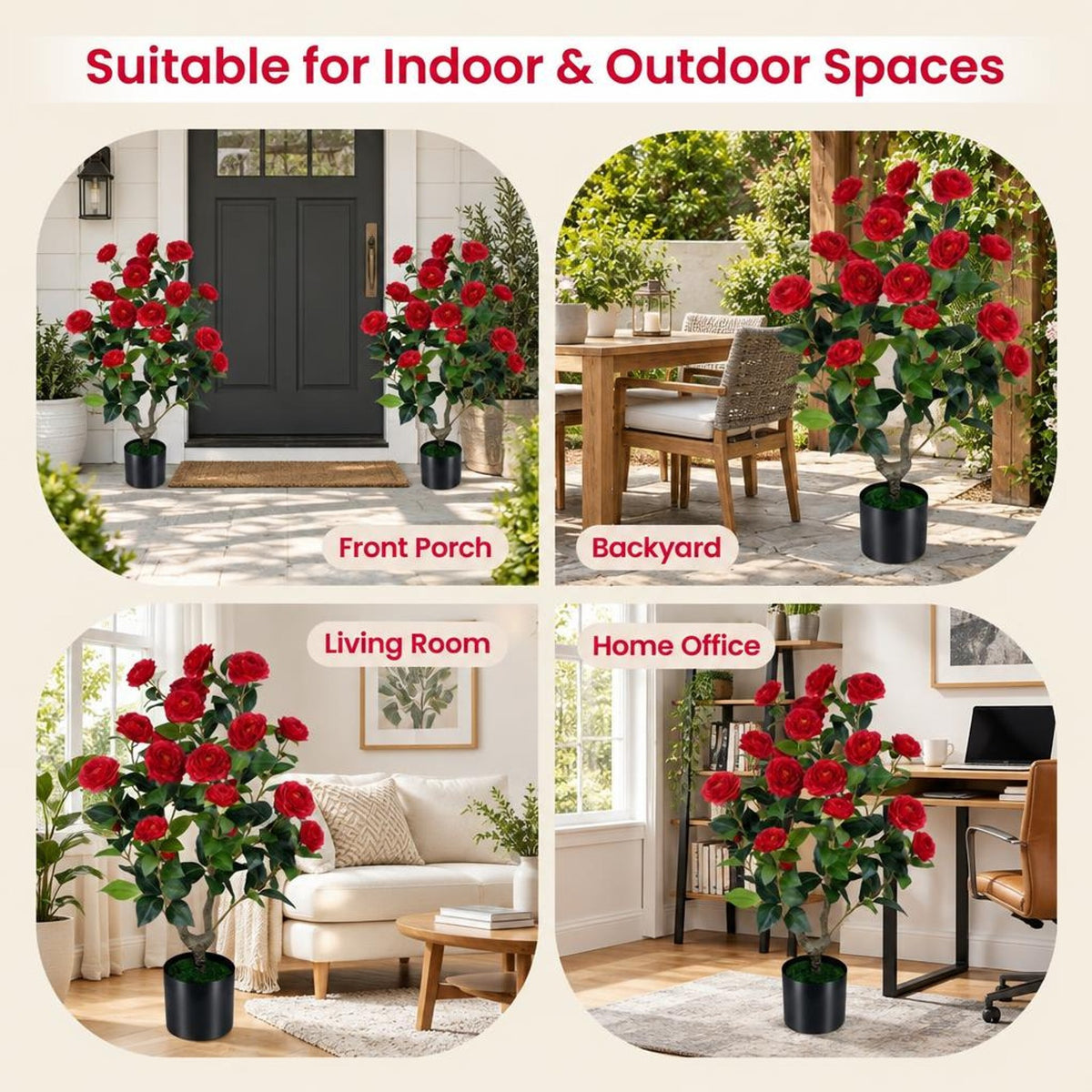 Airfind Artificial Camellia Tree Faux Flower Plant in Cement-Filled Pot=Red, PE PP Cement Overall Height 35.5 Flower Pot Height 5 Flower Pot Frame