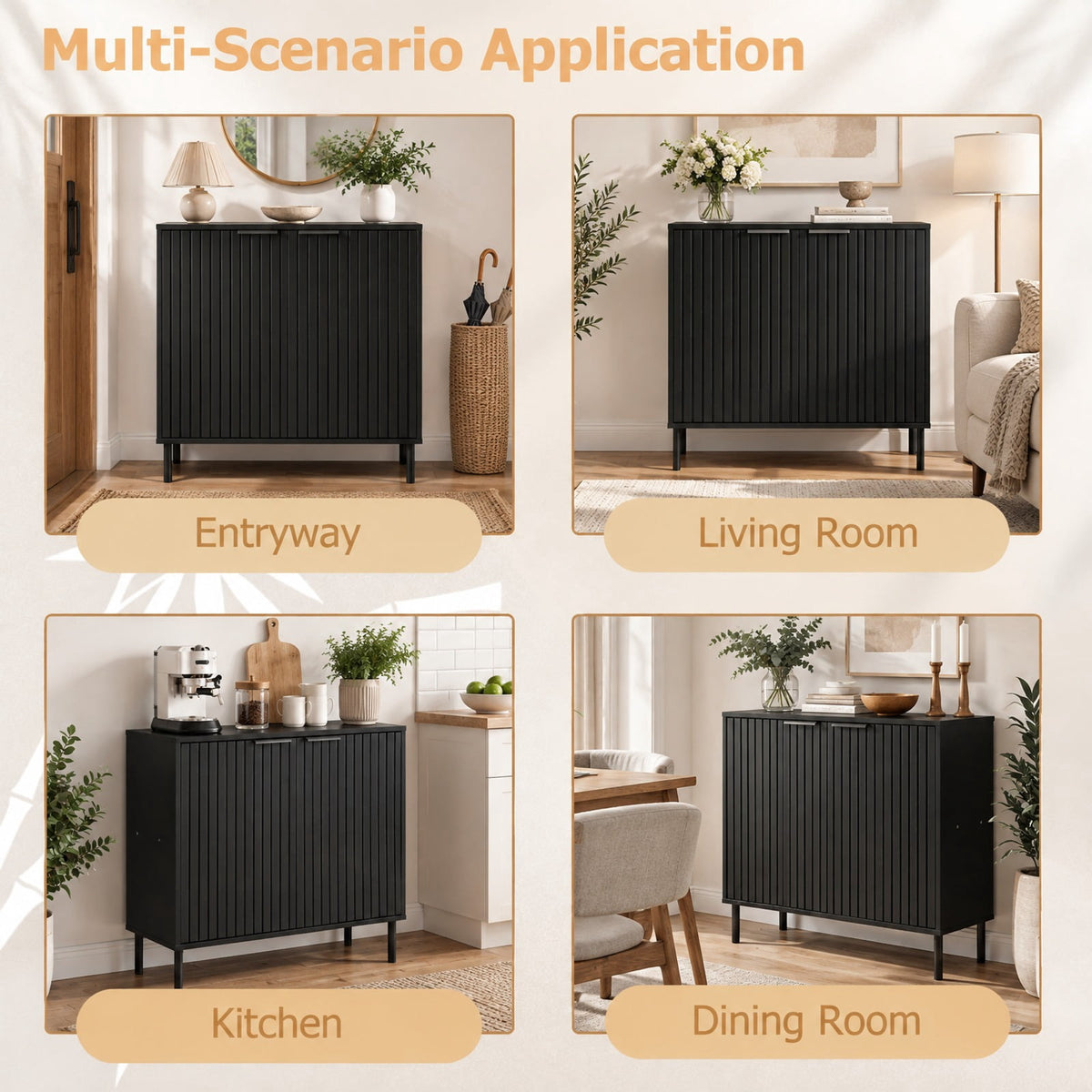 Airfind Fluted Buffet Cabinet with 2-Door Sideboard for Kitchen and Dining Room, Black, Metal legs provide strong and reliable support