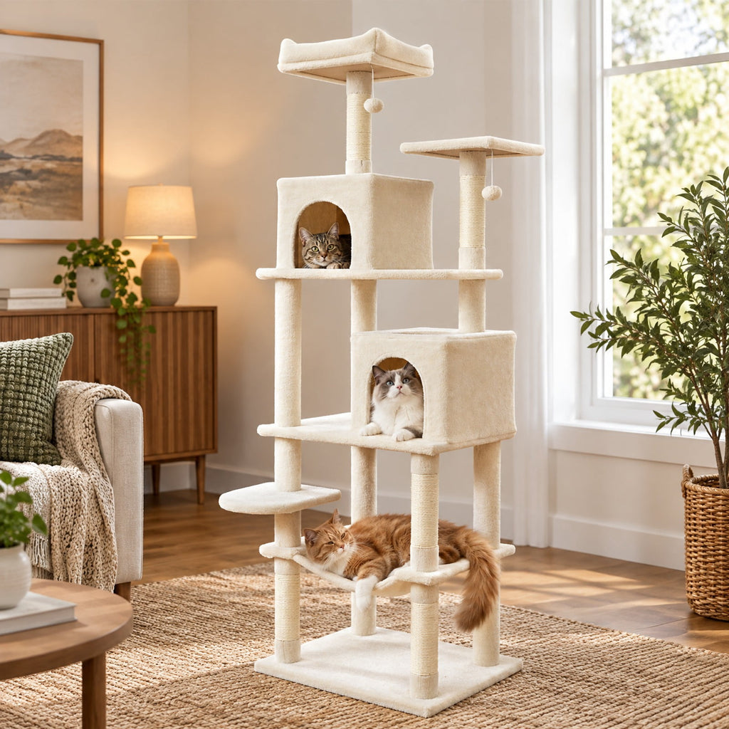 Airfind Multi-level Cat Tree Modern Cat Tower with Upholstered Perch and 2 Cat Condo, 24 x 18.5 Footprint, Beige