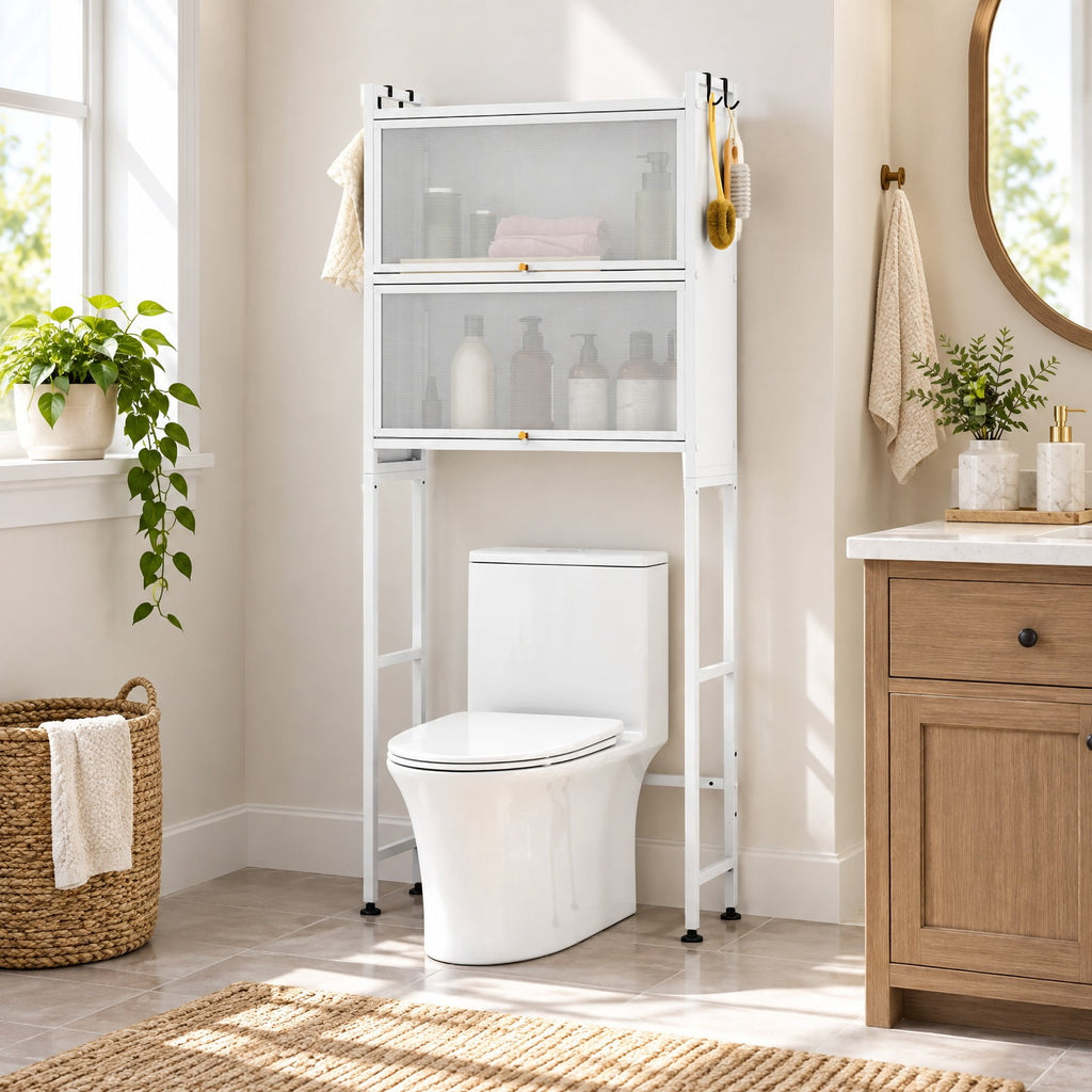 Airfind Over-the-toilet Cabinet Bathroom Organizer with 2 Flip-up Cabinets, 33 Lbs Capacity, Carbon Steel PC Plastic, White