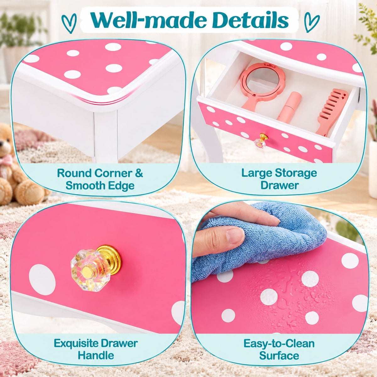 Airfind Princess Pretend Play Makeup Dressing Table with Cute Polka Dot Print, 66 lbs Capacity, MDF Acrylic Frame, for 3-7 Years Old, Pink