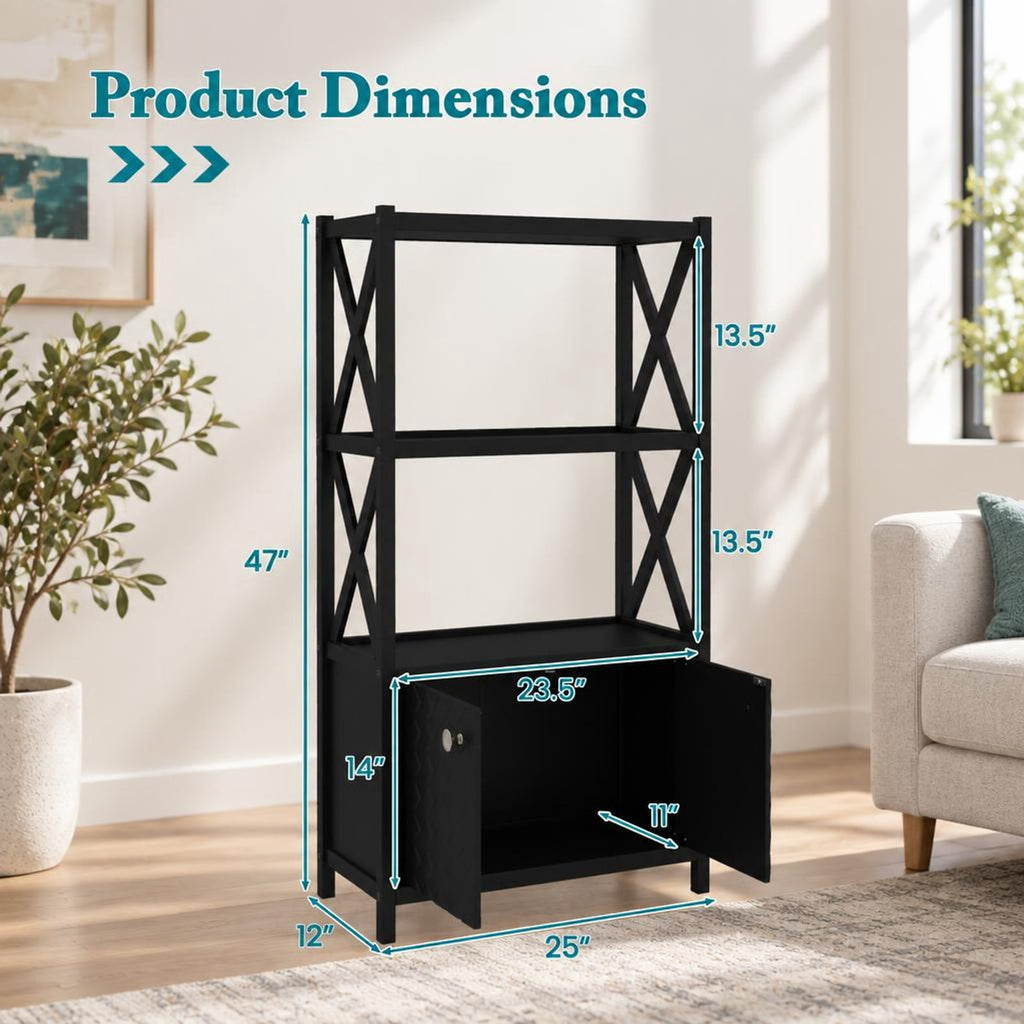 Airfind Bathroom Storage Cabinet with Open Shelves and Double Doors, 88 Lbs Capacity, Rubber Wood Mdf, 25 Inch X 12 Inch X 47 Inch, Black