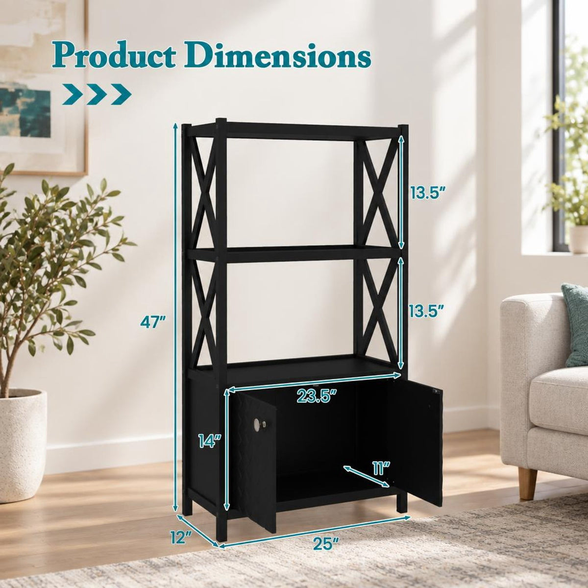 Airfind Bathroom Storage Cabinet with Open Shelves and Double Doors, 88 Lbs Capacity, Rubber Wood Mdf, 25 Inch X 12 Inch X 47 Inch, Black