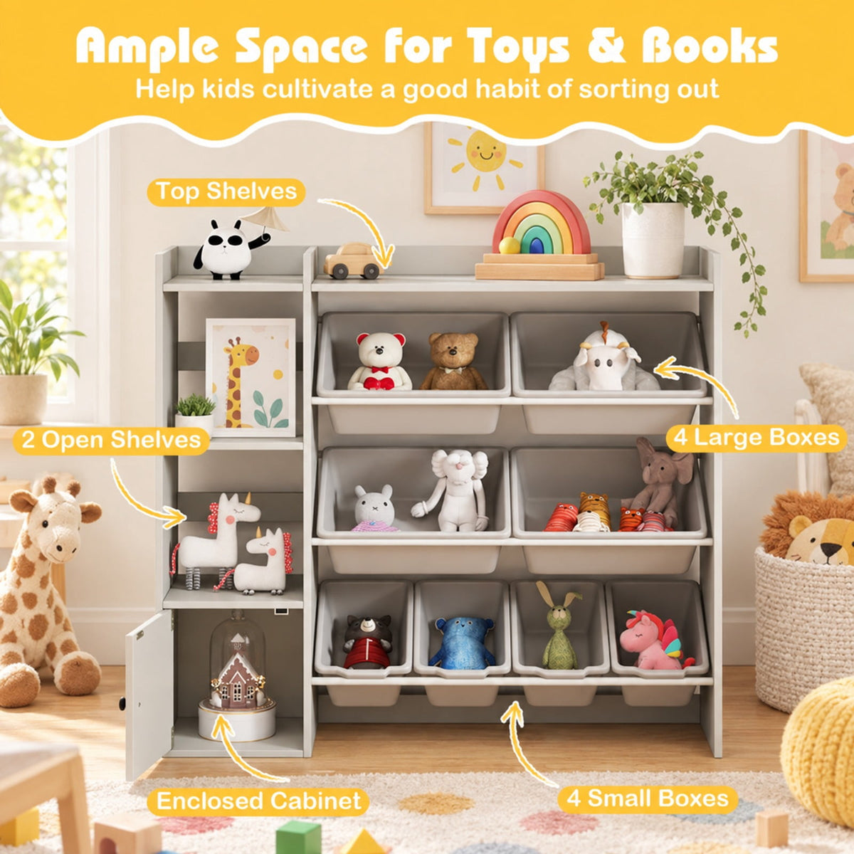 Airfind Kids Toy Storage and Bookshelf with Open Shelves and Single-door Cabinet, 220 lbs Capacity, Engineered Wood Frame, for 3+ Years Old Total