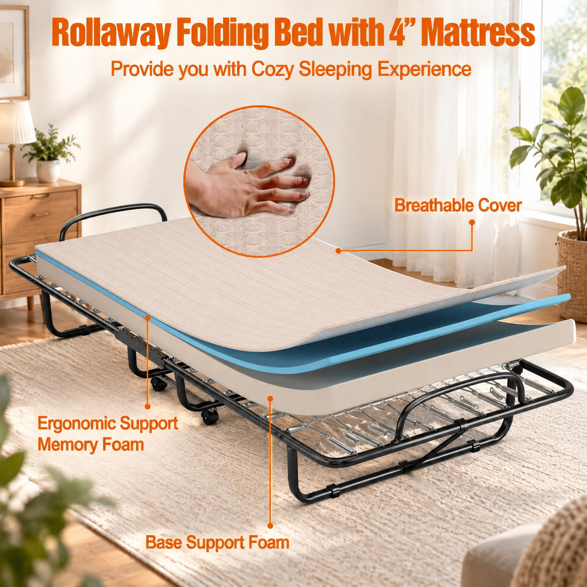 Airfind Rollaway Guest Bed with Sturdy Steel Frame and Memory Foam Mattress Made in Italy, 440 lbs Capacity, Steel memory foam foam Frame, Beige