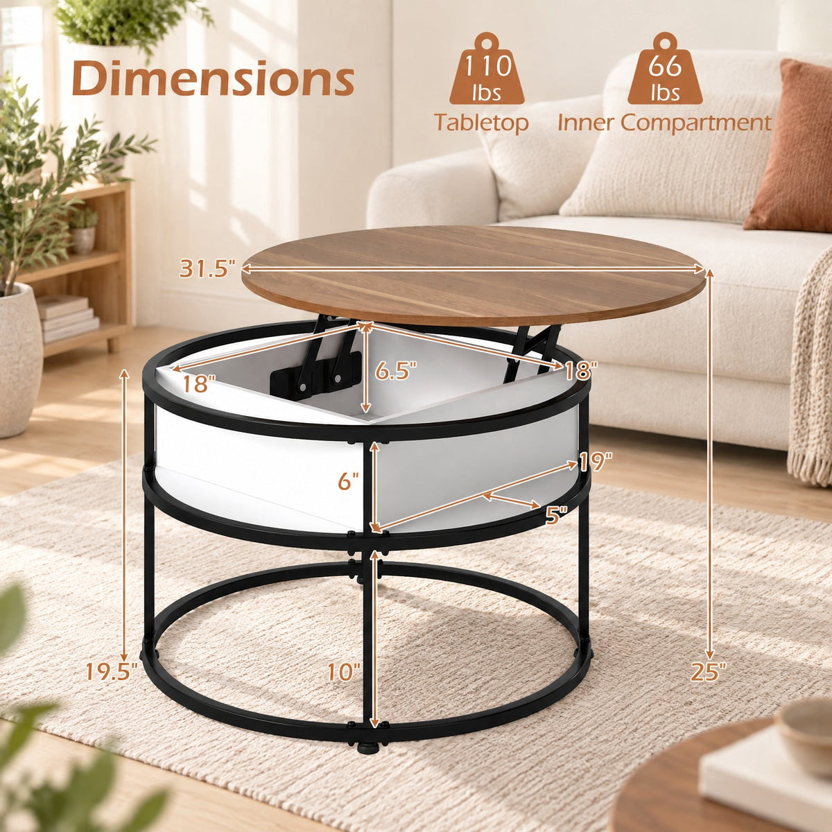 Airfind 31.5 Inch Round Lift Top Coffee Table with Hidden Compartment and Side Shelves, 110 lbs Capacity, Engineered Wood Metal Frame, Teak