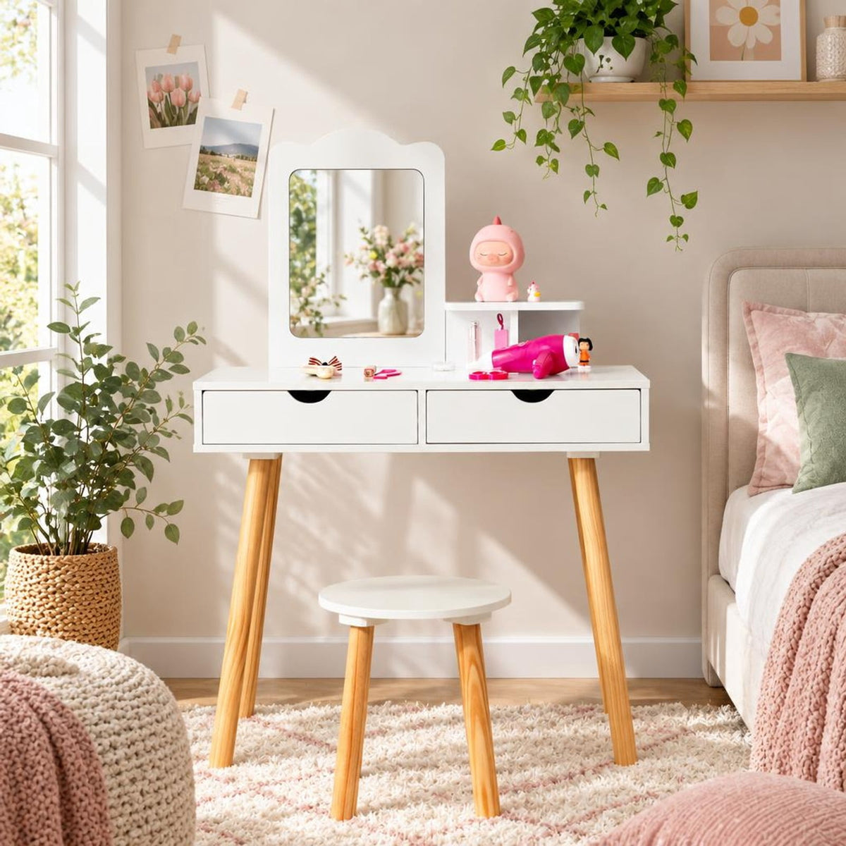 Airfind Kid Vanity Table Chair Set with Mirror and 2 Large Storage Drawers, 44 lbs Capacity, Pine wood MDF Frame, 28in x 13in x 39in Footprint, White