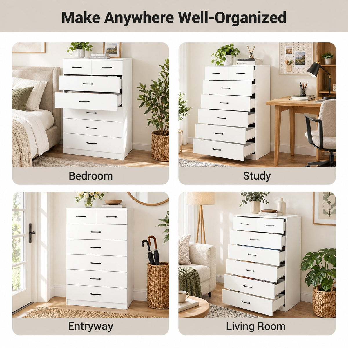 Airfind 7-Drawer Tall Dresser with Metal Handles and Anti-Tipping Kits, 66 lbs Capacity, Engineered Wood MDF Frame, 32 x 18 x 48 Footprint, White