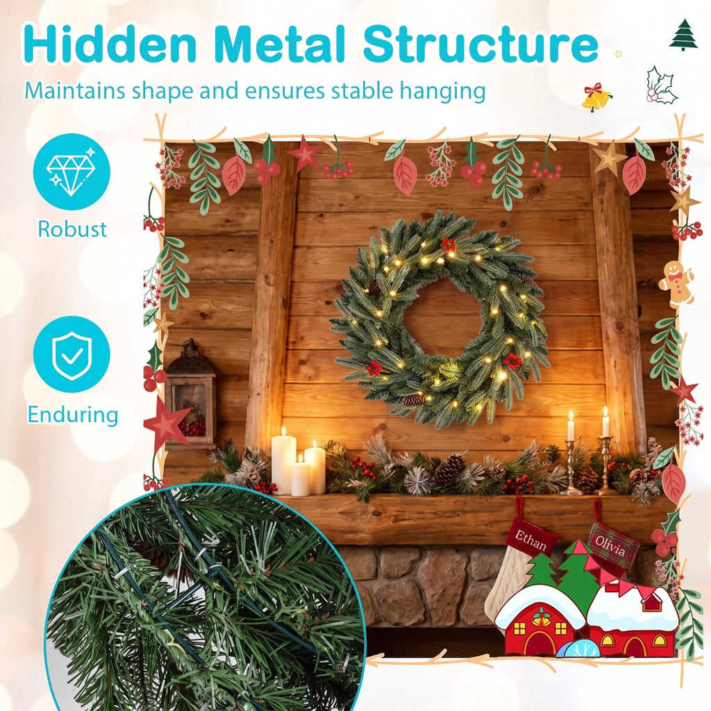 Airfind 24 Pre-lit Christmas Wreath Front Door Artificial Xmas Wreath with 90 Frosted Branch Tips, PVC PE Metal Frame, 24 x 24 Footprint, Green