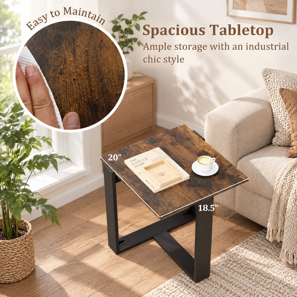 Airfind Industrial Sofa End Table with Metal Frame-1, 110 lbs Capacity, Engineered Wood Metal Frame, 20 x 20 x 20 Footprint, Rustic Brown Black