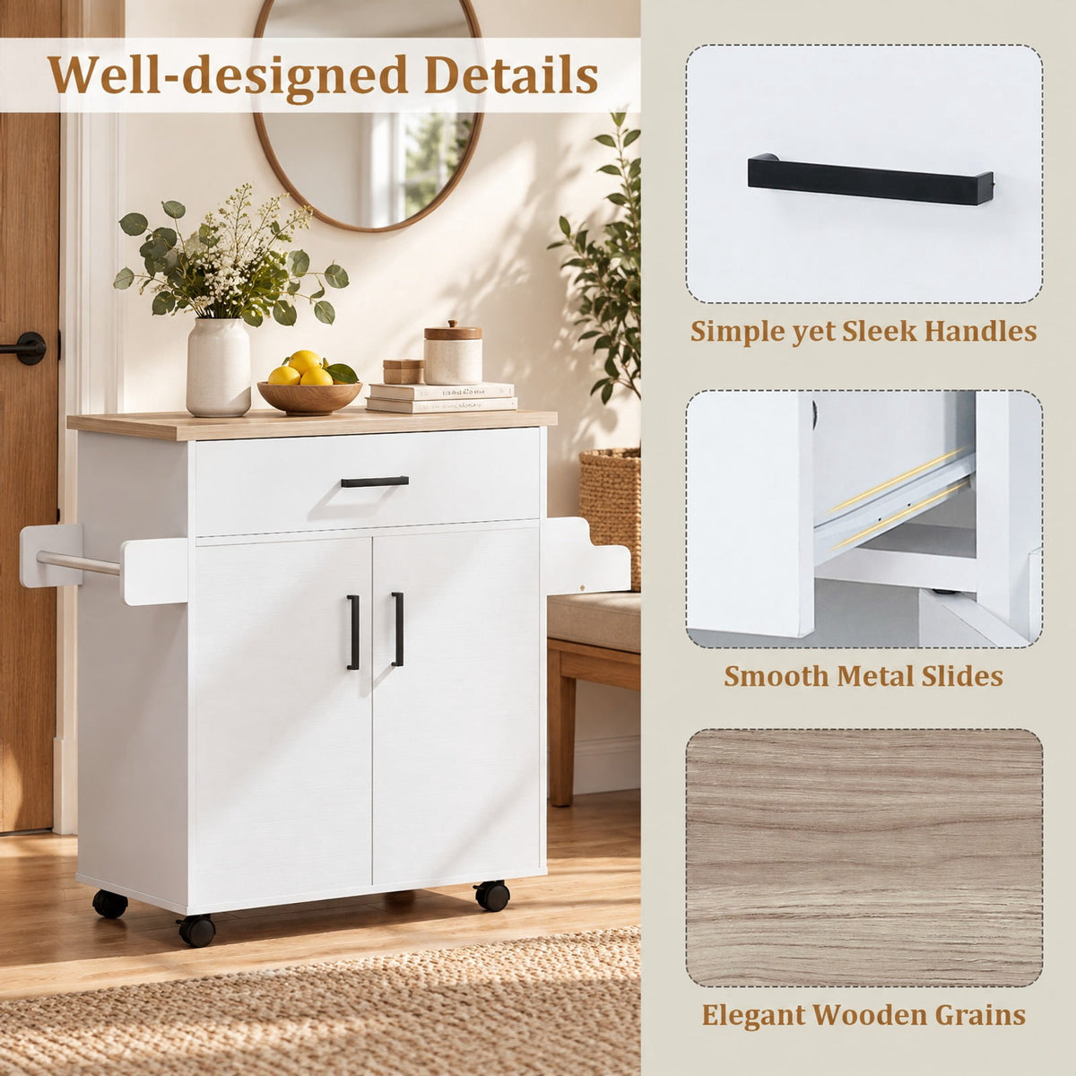 Airfind Kitchen Island Cart Rolling Kitchen Storage Island with Drawer, 220 lbs Capacity, Engineered Wood MDF Metal Frame, White