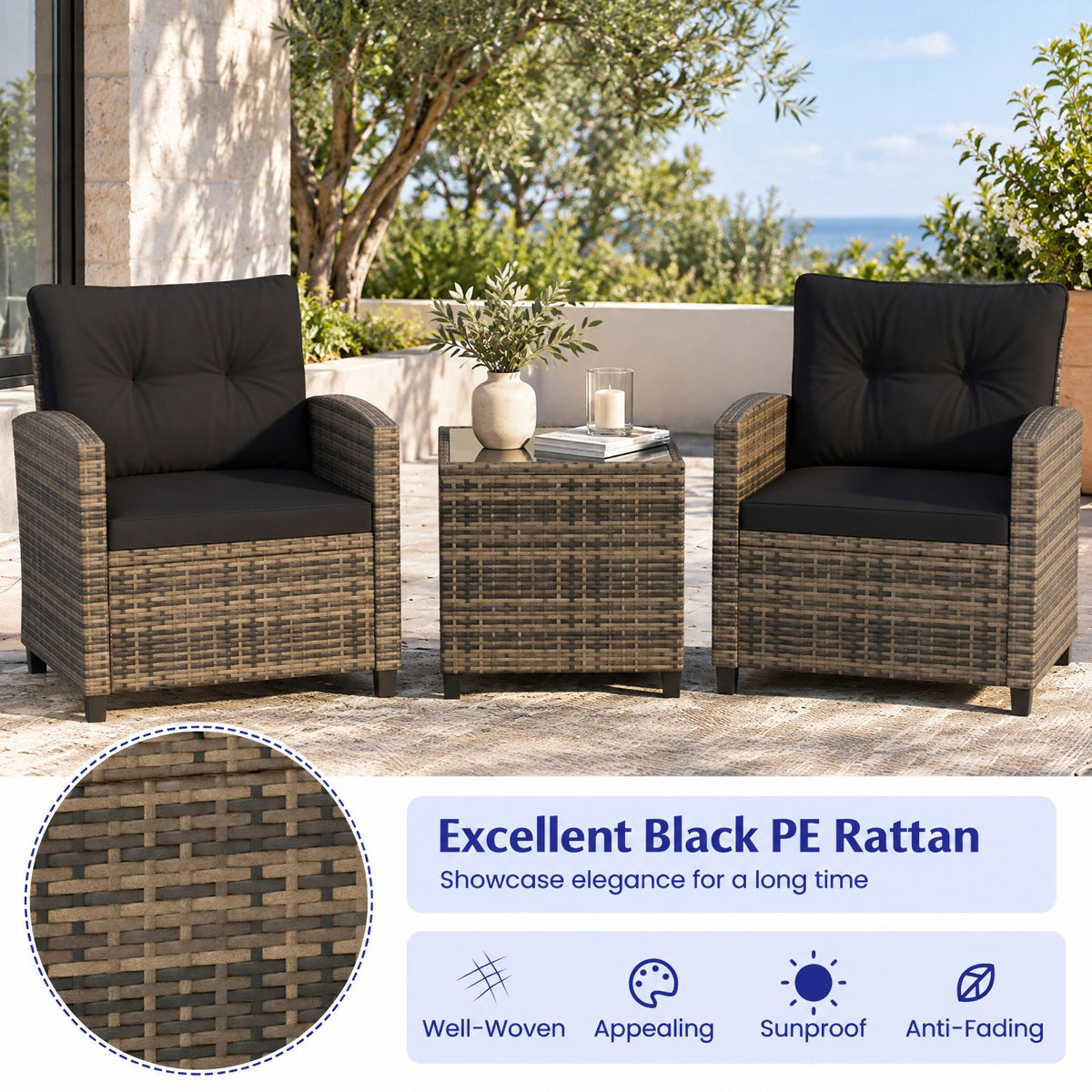 Airfind 3 Pieces Patio Furniture Set with Tempered Glass Coffee Table-Black Brown, 400 lbs Capacity, 25.5 x 26 x 30 Footprint, Coffee