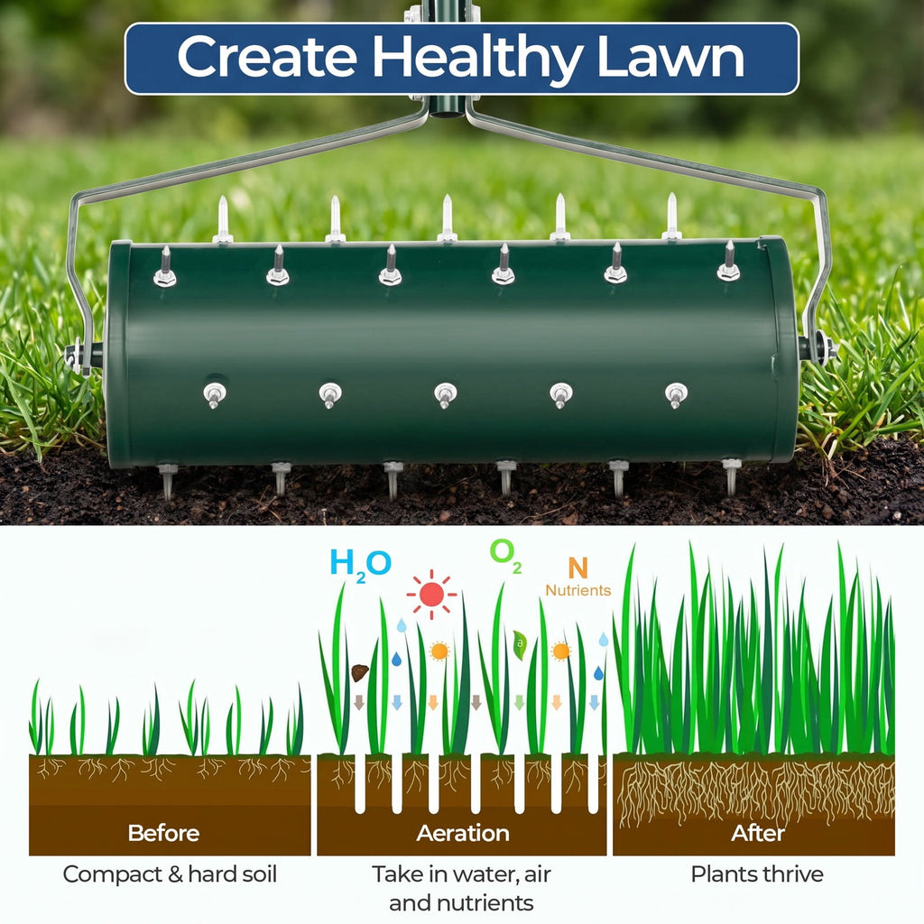 Airfind 18/21 Inch Manual Lawn Aerator with Detachable Handle Filled with Sand or Stone-21 inches, Galvanized Steel Metal PP Frame, Green