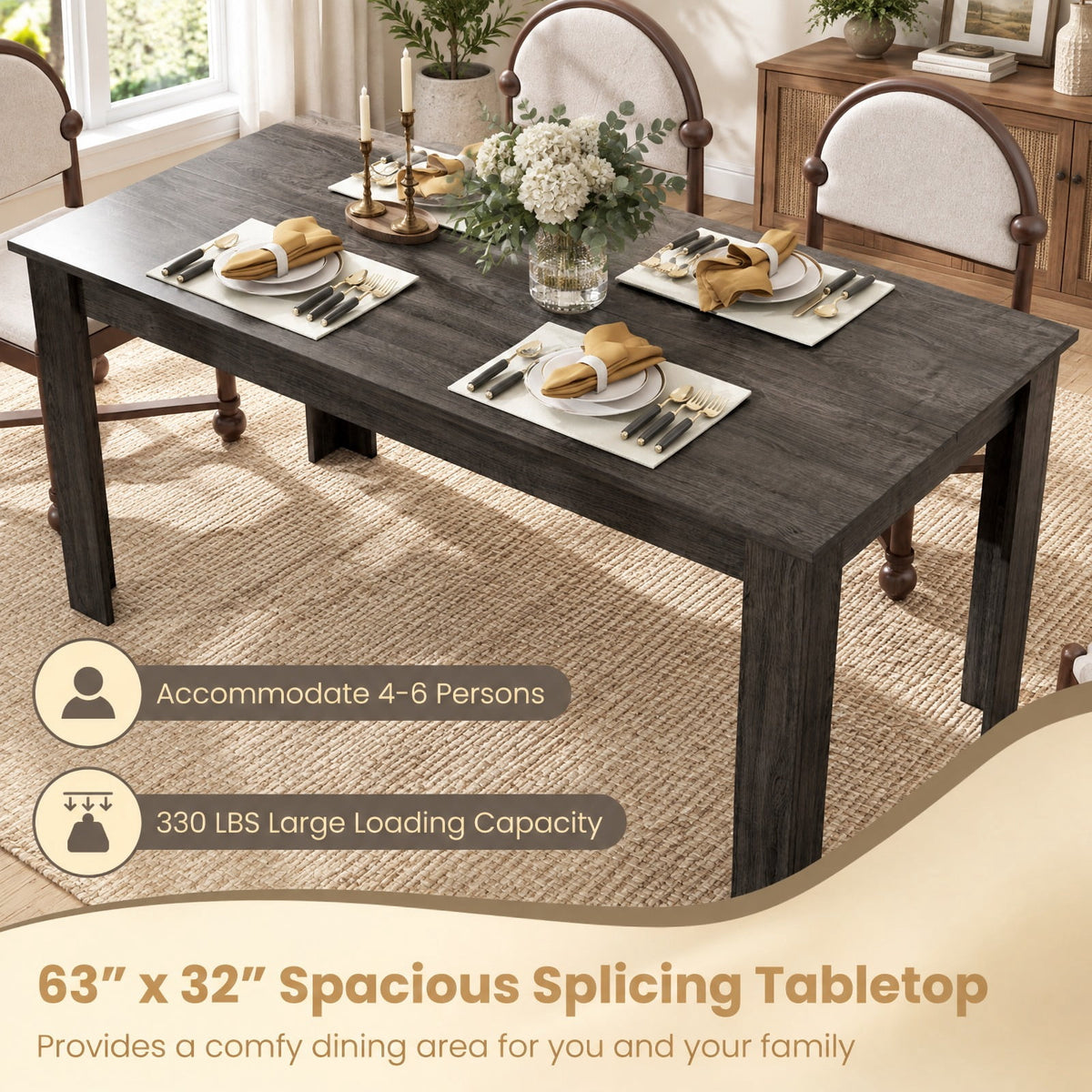 Airfind 63 Inch Rectangular Modern Dining Kitchen Table, 330 lbs Capacity, Engineered wood Frame, 63 x 31.5 x 30 Footprint, Gray