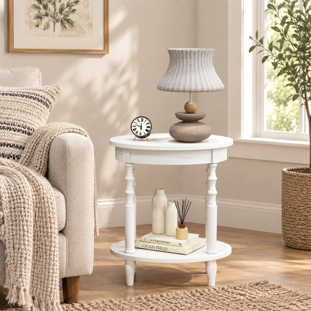Airfind 2-Tier Oval Side Table with Storage Shelf and Solid Wood Legs, 245 lbs Capacity, MDF Rubber Wood Frame, White