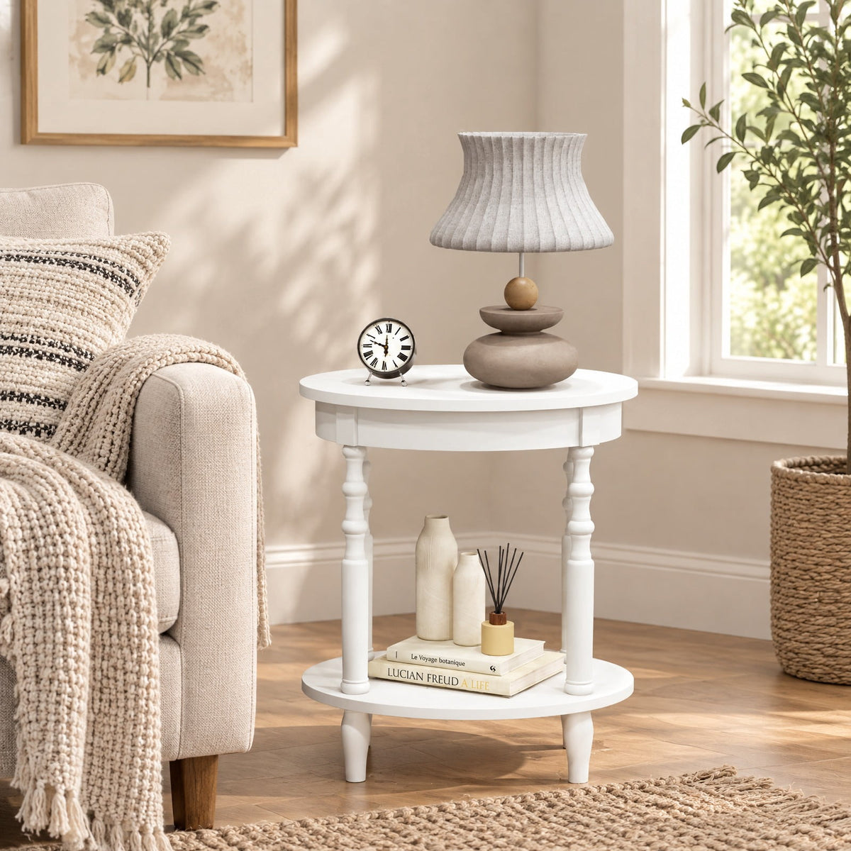 Airfind 2-Tier Oval Side Table with Storage Shelf and Solid Wood Legs, 245 lbs Capacity, MDF Rubber Wood Frame, White