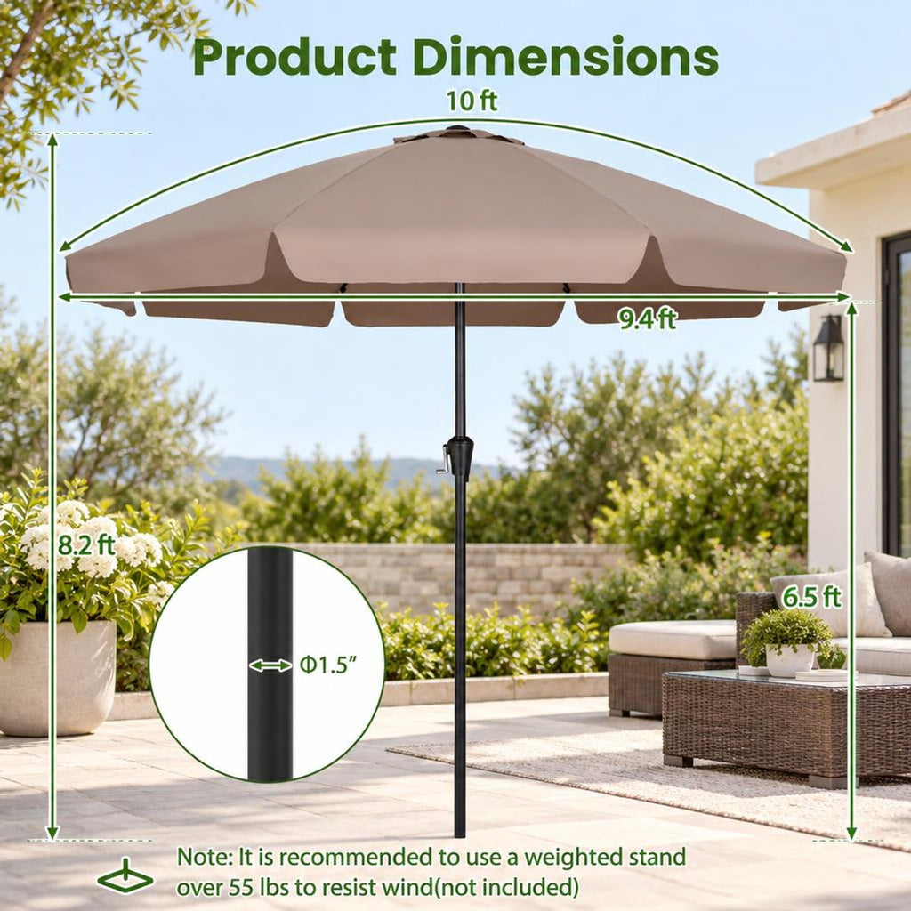 Airfind 10 FT Scalloped Patio Umbrella with Push Button Tilt and 8 Fiberglass Ribs, Fiberglass Polyester Fabric Metal ABS Frame, Brown