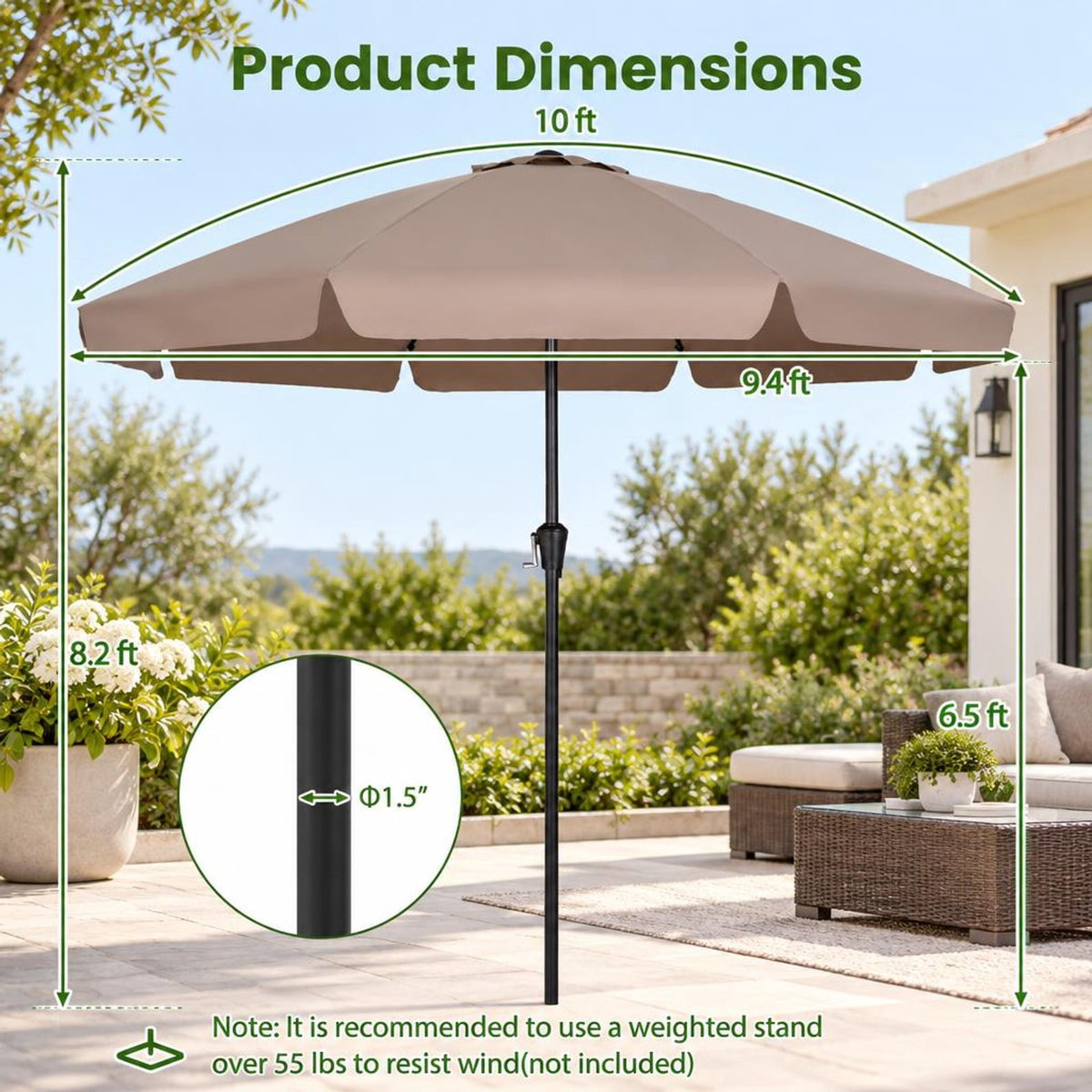 Airfind 10 FT Scalloped Patio Umbrella with Push Button Tilt and 8 Fiberglass Ribs, Fiberglass Polyester Fabric Metal ABS Frame, Brown