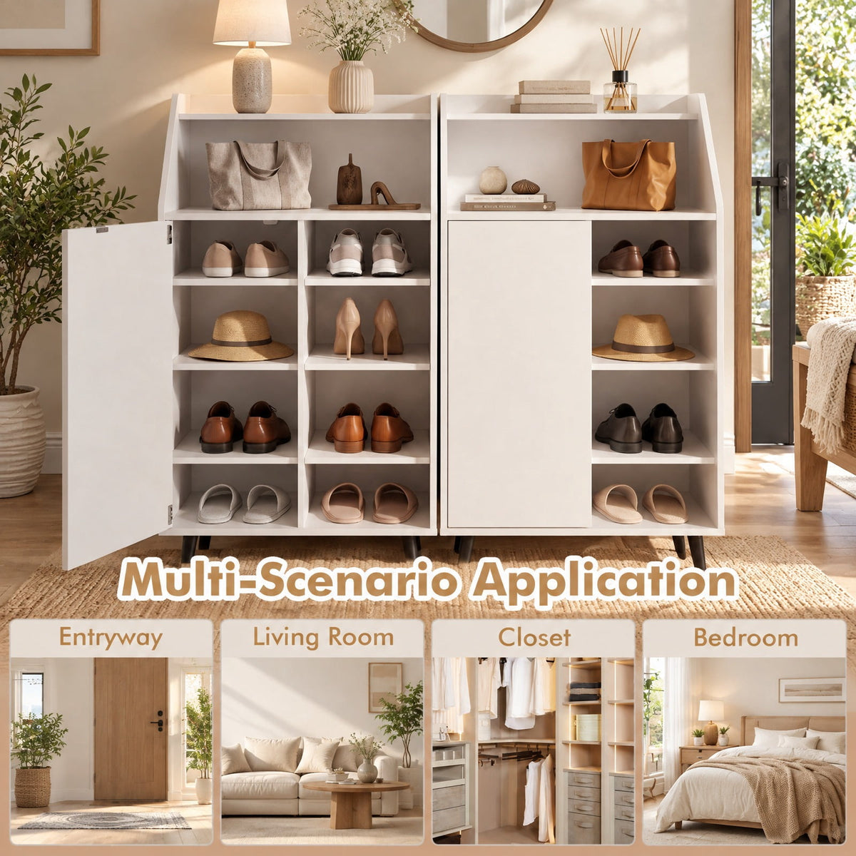 Airfind Shoe Storage Cabinet with 2-Tier Open Compartment and 4-Tier Adjustable Shelf, 44 lbs Capacity, Engineered Wood Frame, White