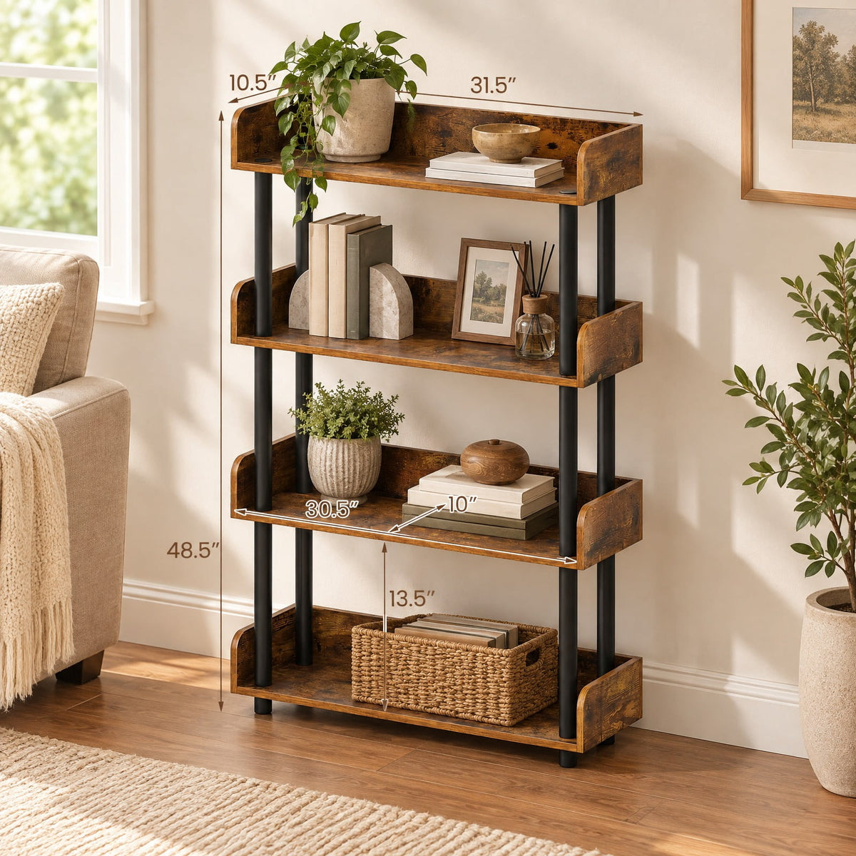 Airfind 4-Tier Bookshelf Open Bookcase with Anti-Tipping Kit Industrial Storage Unit, 33 lbs Capacity, Engineered Wood PE PP Frame, Brown